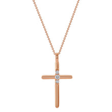 Load image into Gallery viewer, 14K Rose Gold 3-Stone Diamond Cross Necklace